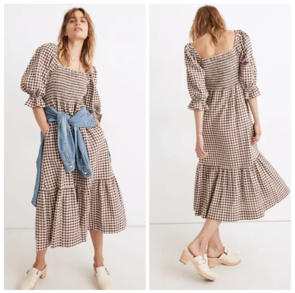 Madewell Lucie Elbow Sleeve Smocked Midi Dress in Gingham Size Xxs